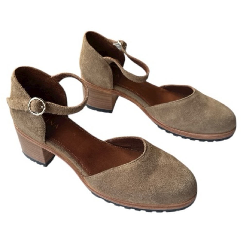 Patina by Portland Leather Suede Mary Jane Block Heel Shoes Taupe Size 10